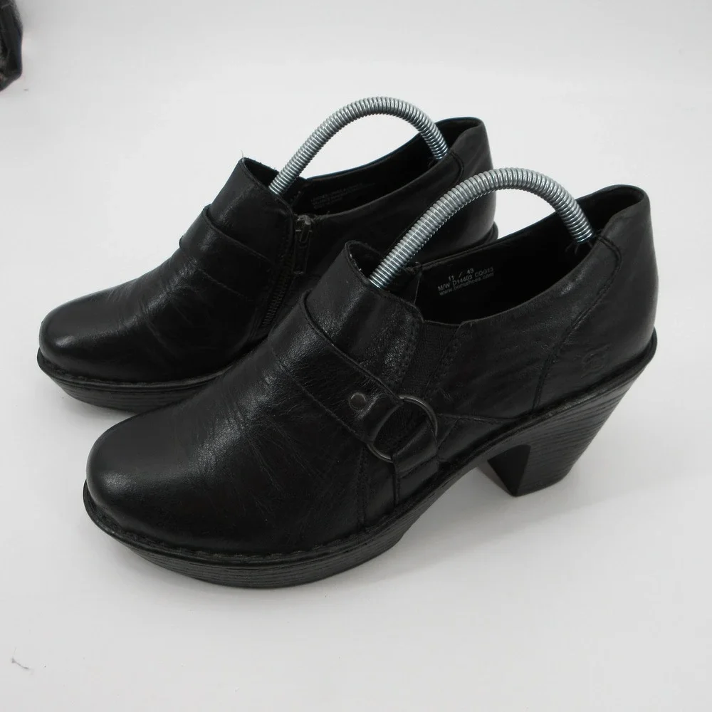 Born Black Leather Platform Ankle Booties Block Heel Shooties D14403 Size 11